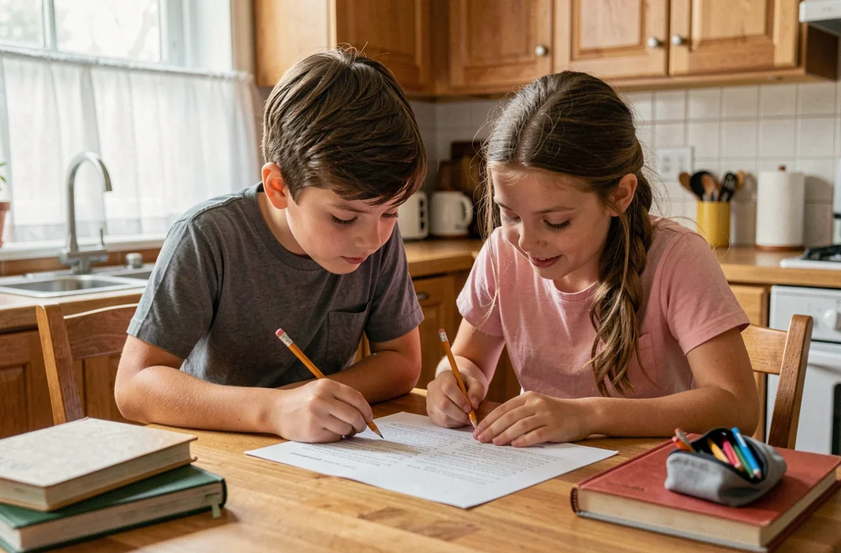Deux enfants de CM2 qui révisent une dictée imprimée ensemble à la table de cuisine à la maison, crayons en main