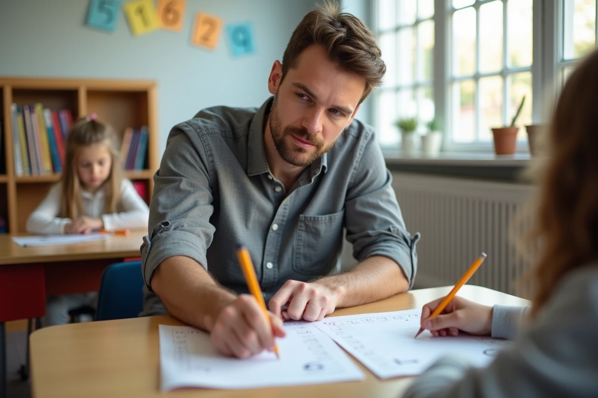 Enseignant de primaire aidant un élève de CE1 avec un exercice imprimé pour renforcer la confiance scolaire