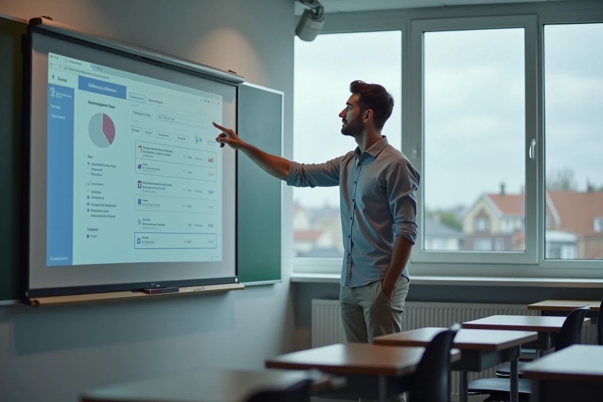 Enseignant présentant les fonctionnalités de l'ENT Aisne sur un tableau interactif en salle de classe