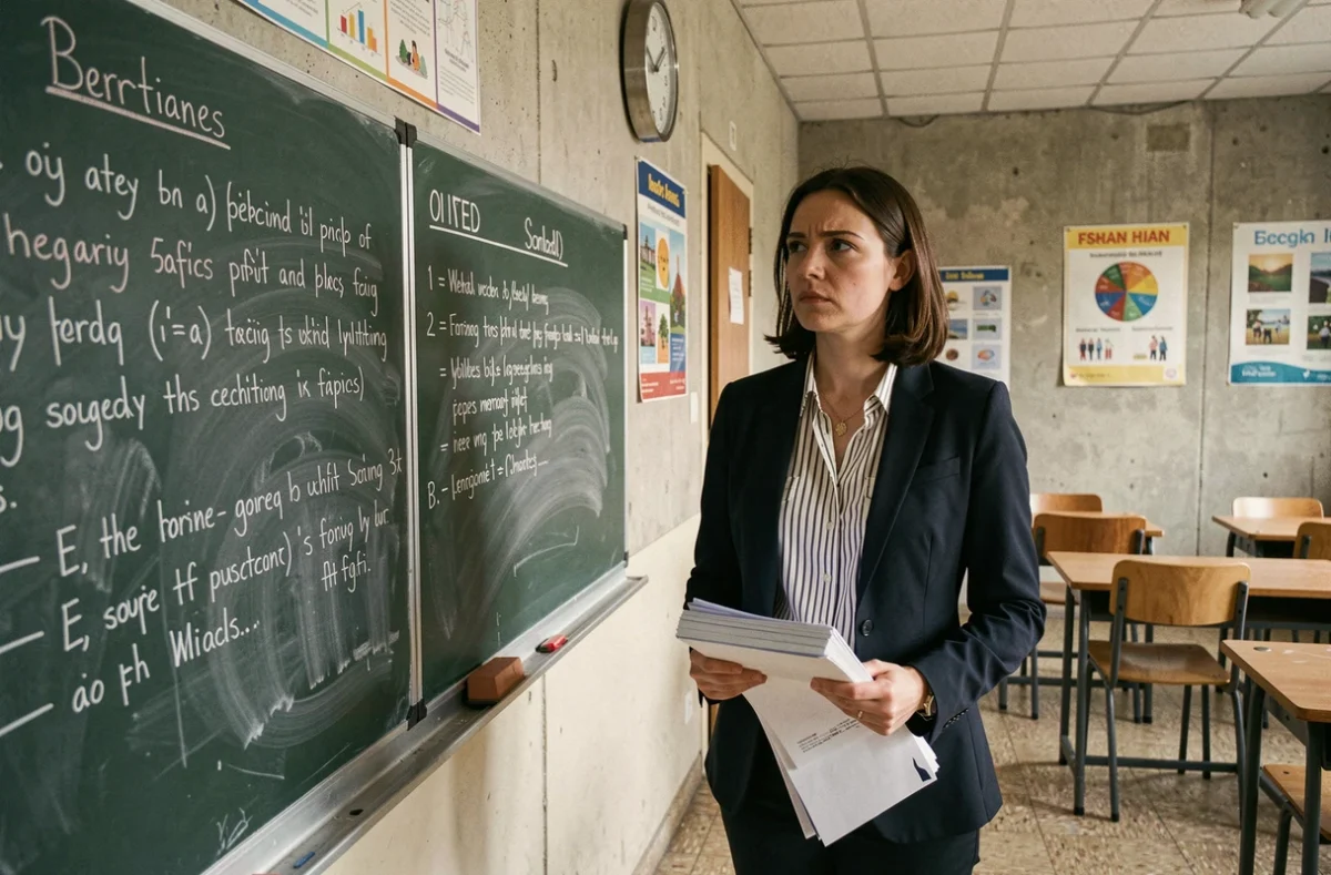 Enseignante debout devant un tableau noir dans une salle de classe après les cours, portant des copies à corriger