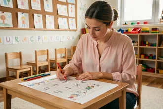 Enseignante de maternelle remplissant une fiche de suivi des élèves à une table de classe colorée