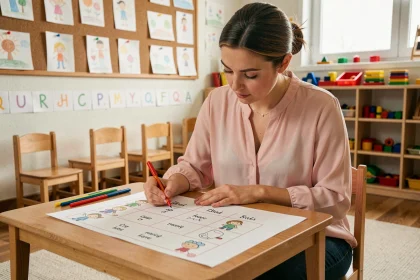 Enseignante de maternelle remplissant une fiche de suivi des élèves à une table de classe colorée
