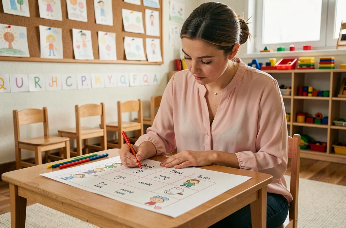 Enseignante de maternelle remplissant une fiche de suivi des élèves à une table de classe colorée