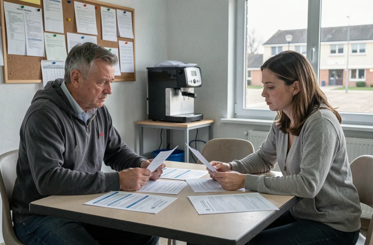 Deux enseignants discutant de grilles salariales et de documents syndicaux dans la salle des professeurs d'un établissement scolaire