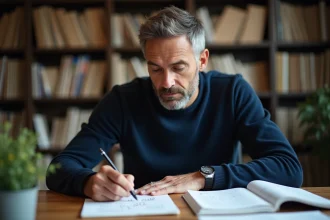 Homme concentré entraînant sa mémoire sur les décimales de pi avec des notes manuscrites sur un bureau en bois