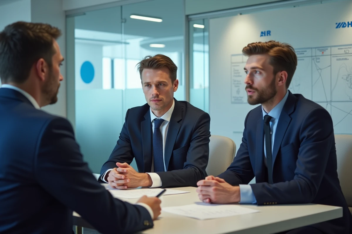 Entretien de sélection du programme cadet Air France avec deux candidats face à un recruteur