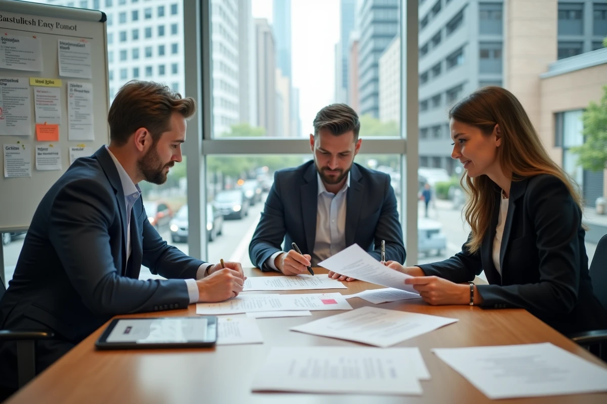 Équipe RH et managers en réunion autour des documents de conformité formation, illustrant une vérification collective des obligations légales en matière de formation professionnelle