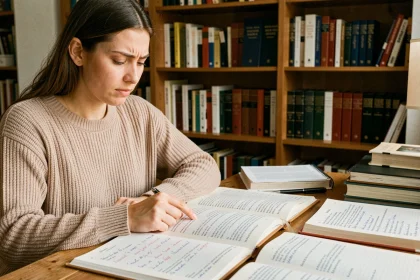 Jeune femme étudiant le passé simple espagnol du verbe tener avec des livres de grammaire ouverts sur un bureau en bois