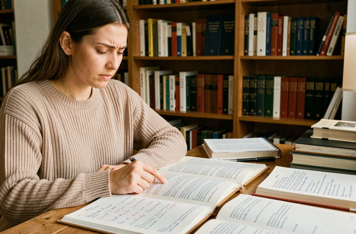 Jeune femme étudiant le passé simple espagnol du verbe tener avec des livres de grammaire ouverts sur un bureau en bois