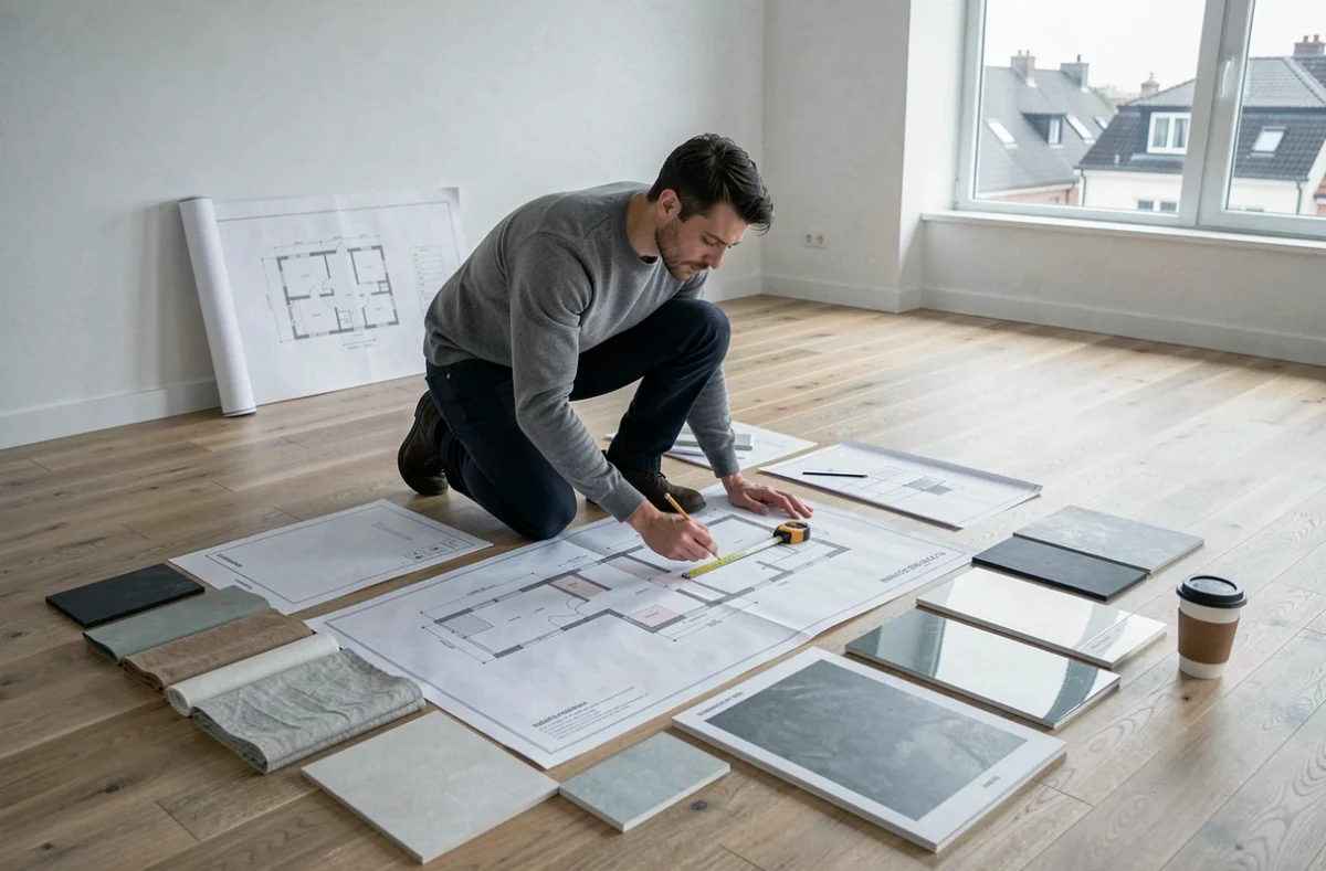 Homme étudiant des plans d'architecture intérieure et des échantillons de matériaux étalés sur le parquet d'un appartement vide
