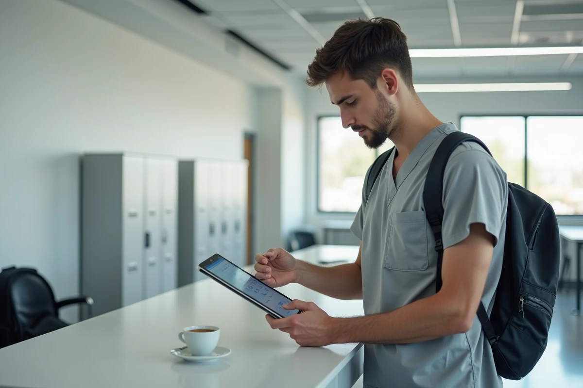 Étudiant infirmier consultant Mischool sur une tablette dans la salle de pause de l'IFSI