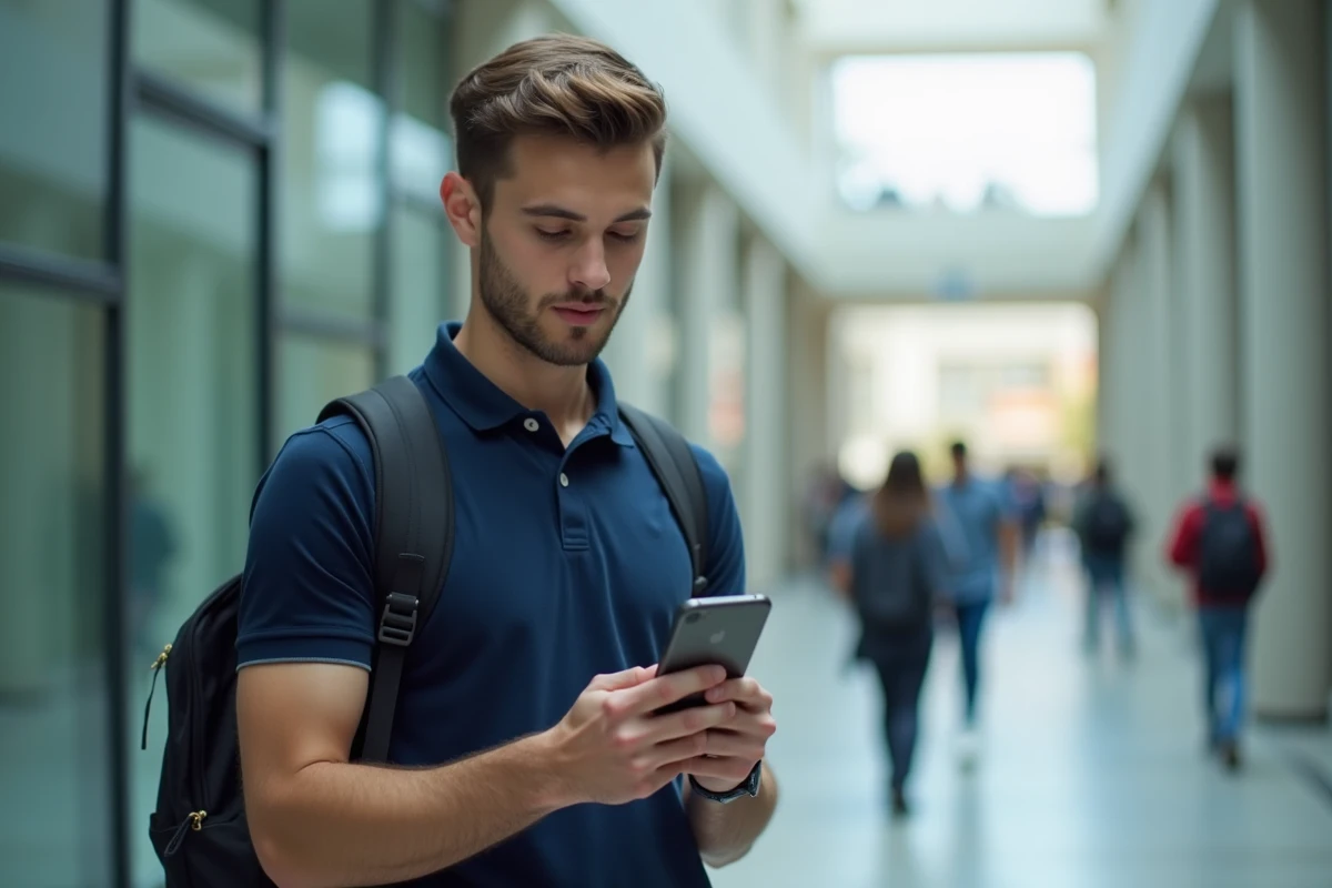Étudiant consultant mycampus eduservices sur iPhone dans un couloir de campus universitaire moderne