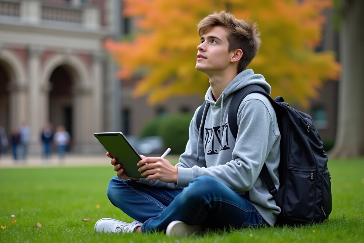 Étudiant sur un campus universitaire s'entraînant au quiz des décimales de pi sur une tablette numérique