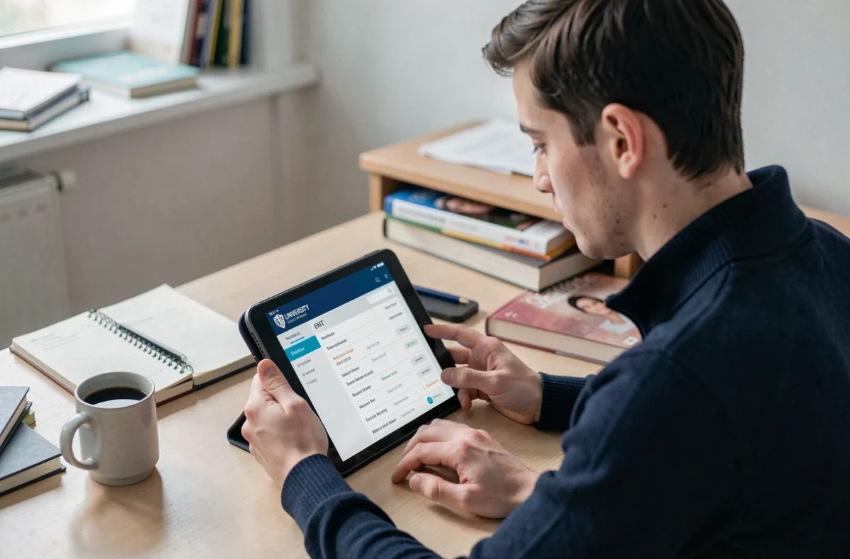 Étudiant masculin vérifiant ses résultats universitaires sur tablette via l'ENT de l'université d'Artois dans sa chambre d'étudiant