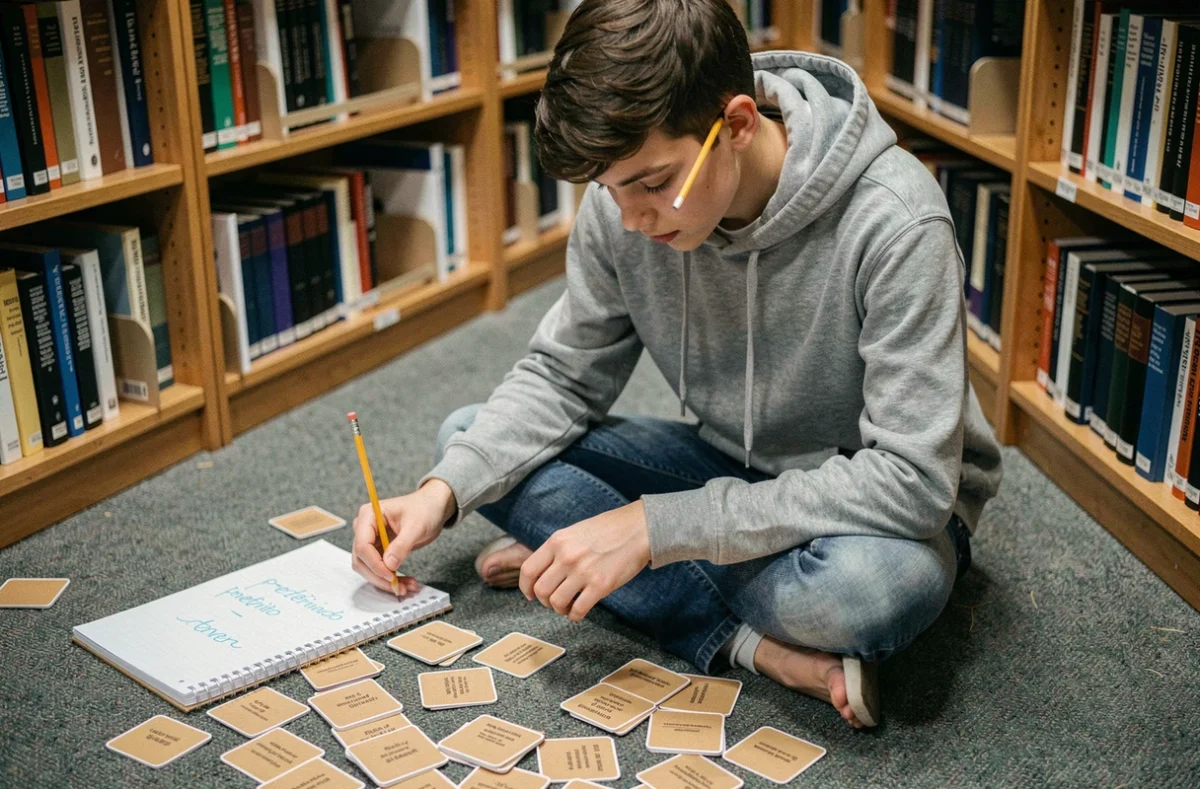 Étudiant adolescent révisant les conjugaisons du passé simple du verbe tener avec des fiches dans une bibliothèque universitaire