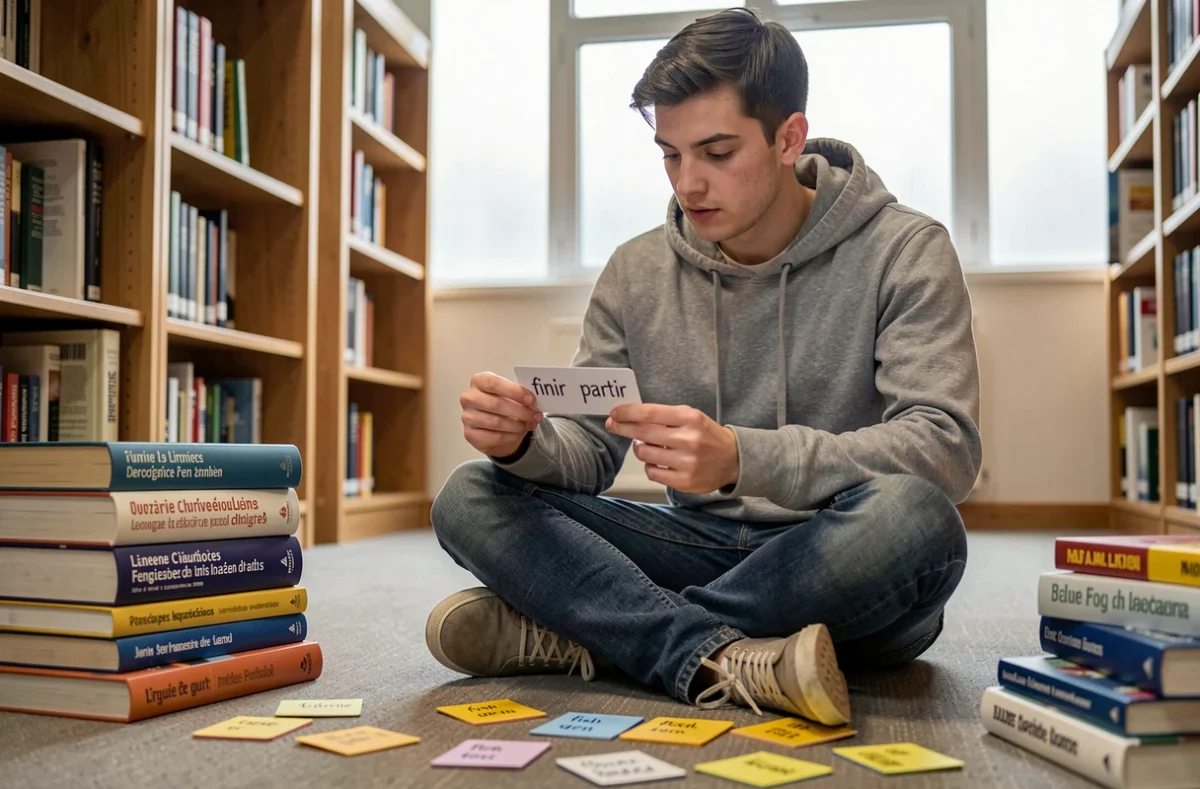 Étudiant en linguistique révisant les verbes irréguliers en -ir du troisième groupe dans une bibliothèque universitaire