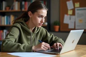 Étudiante en alternance consultant ses résultats scolaires sur Net Ypareo Normandie depuis son appartement