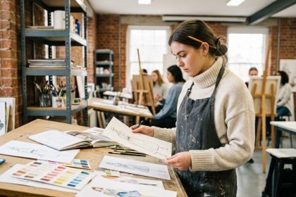 Étudiante en école d'arts appliqués travaillant sur une illustration de mode dans un atelier créatif avec murs en briques apparentes