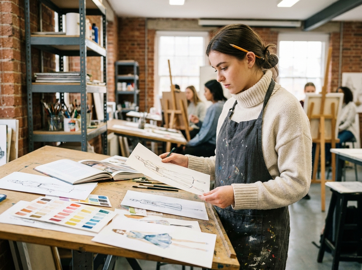 Étudiante en école d'arts appliqués travaillant sur une illustration de mode dans un atelier créatif avec murs en briques apparentes