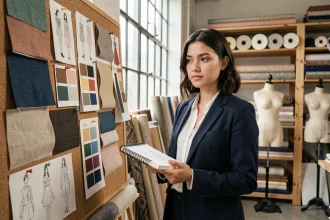 Étudiante en design de mode de l'ESAA Duperré devant un moodboard de création en atelier parisien