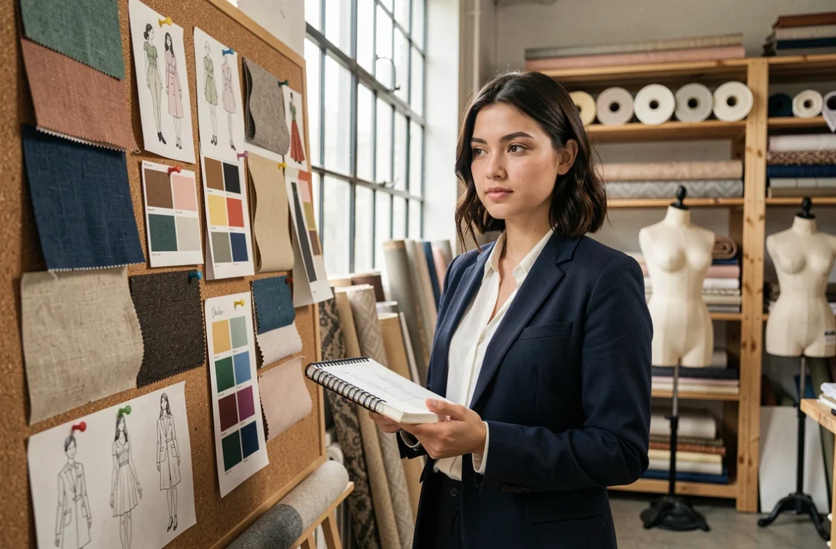 Étudiante en design de mode de l'ESAA Duperré devant un moodboard de création en atelier parisien