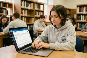 Étudiante consultant ses notes sur le portail ENT de l'université Artois depuis un ordinateur portable en bibliothèque universitaire