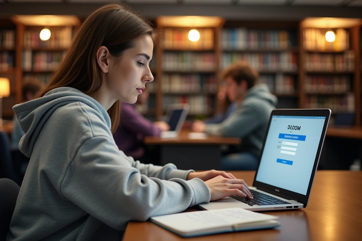 Étudiante connectée à l'ENT de l'université Nanterre sur son ordinateur portable dans une bibliothèque universitaire