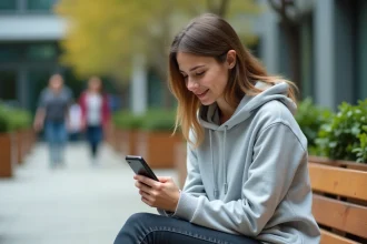 Étudiante consultant l'extranet de son école sur smartphone dans une cour de campus moderne
