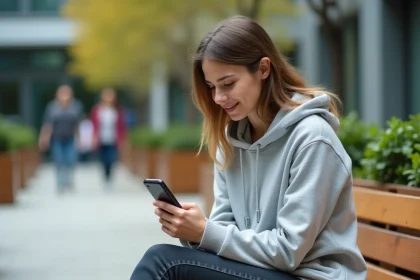 Étudiante consultant l'extranet de son école sur smartphone dans une cour de campus moderne