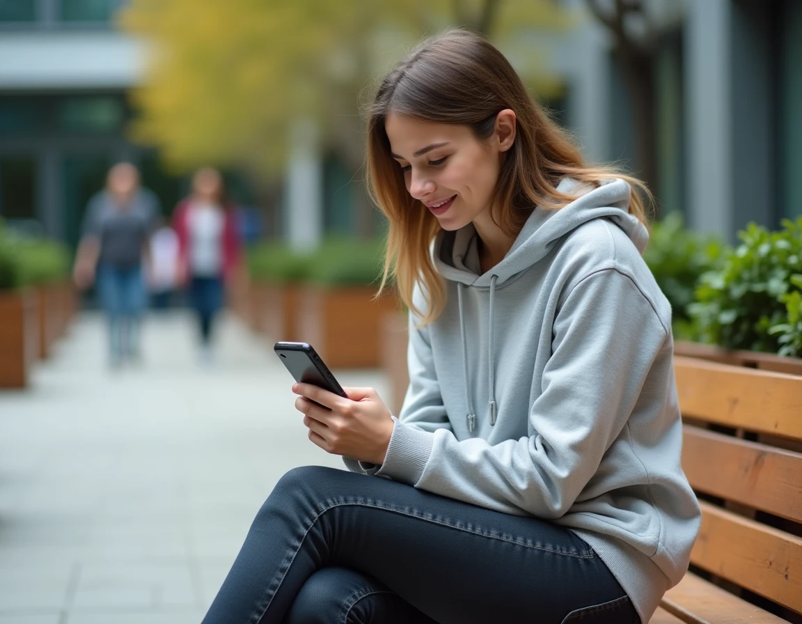 Étudiante consultant l'extranet de son école sur smartphone dans une cour de campus moderne