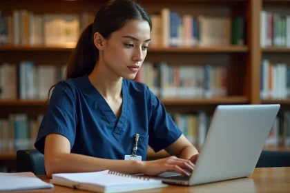 Étudiante en IFSI utilisant la plateforme Mischool sur un ordinateur portable dans une bibliothèque universitaire