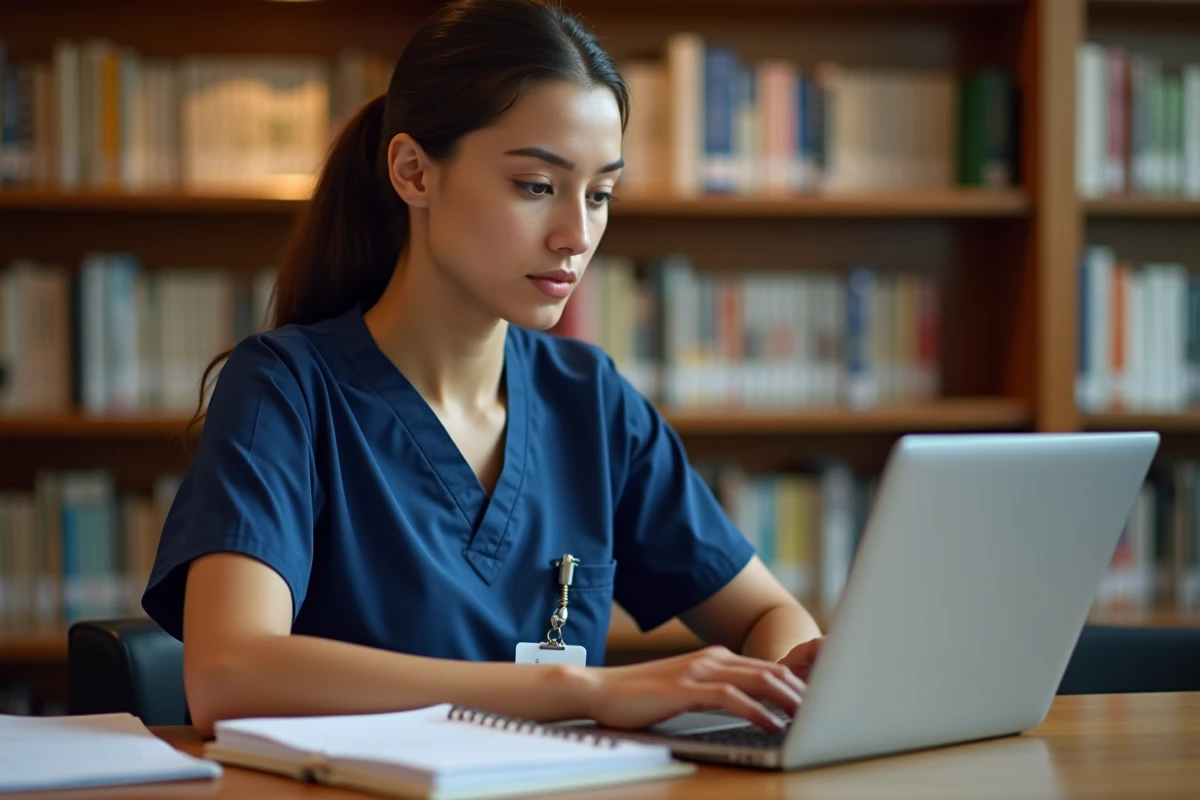 Étudiante en IFSI utilisant la plateforme Mischool sur un ordinateur portable dans une bibliothèque universitaire