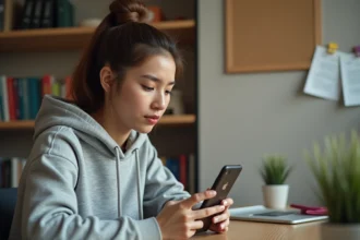 Étudiante accédant au portail mycampus eduservices sur smartphone Android depuis sa chambre universitaire