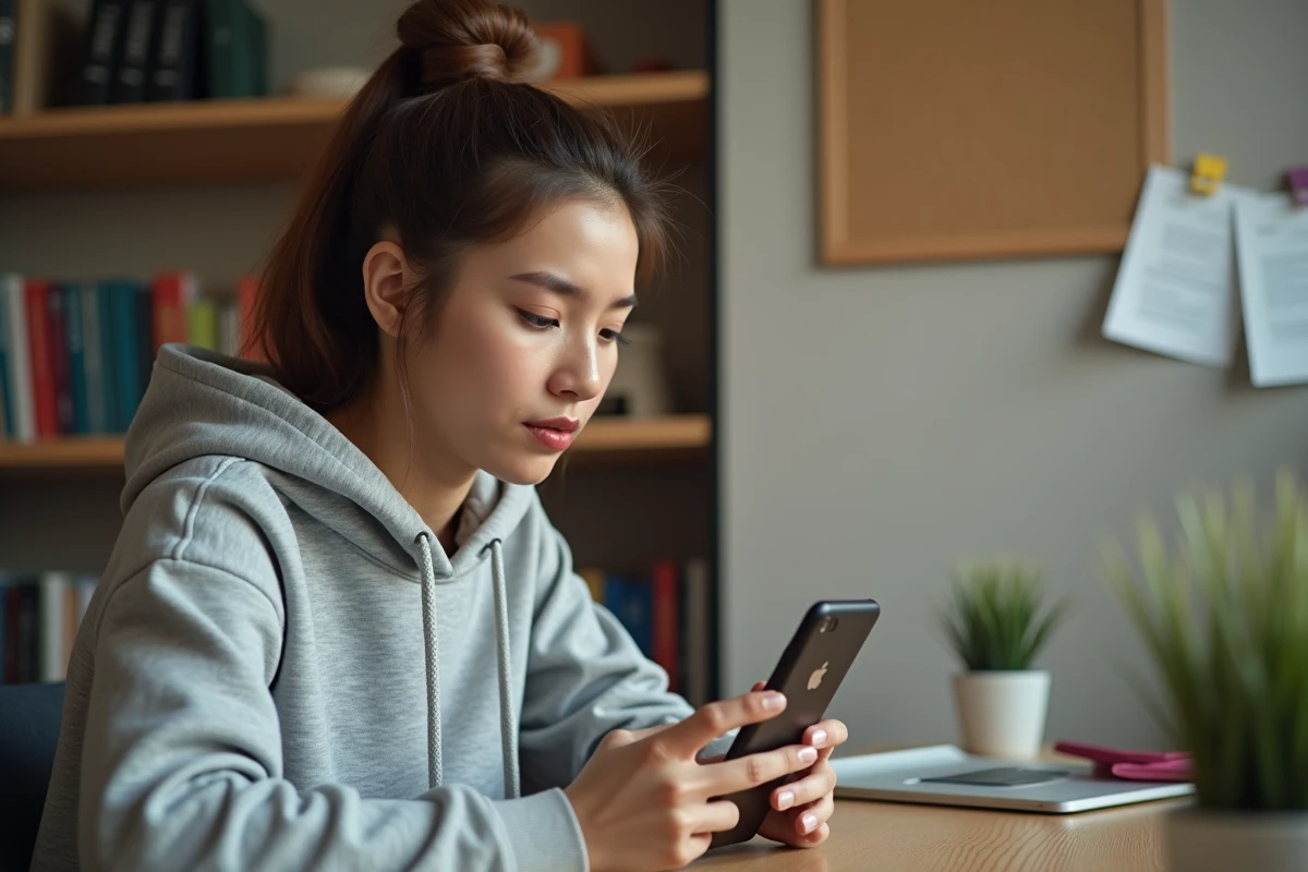 Étudiante accédant au portail mycampus eduservices sur smartphone Android depuis sa chambre universitaire