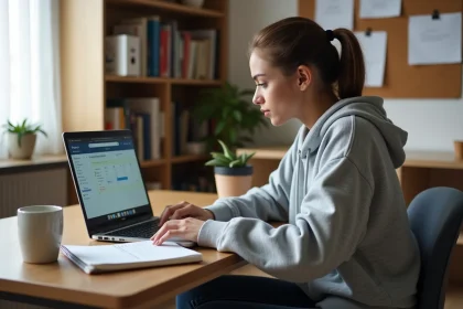 Étudiante consultant le portail mycampus.eduservices.org sur son ordinateur portable dans sa chambre universitaire