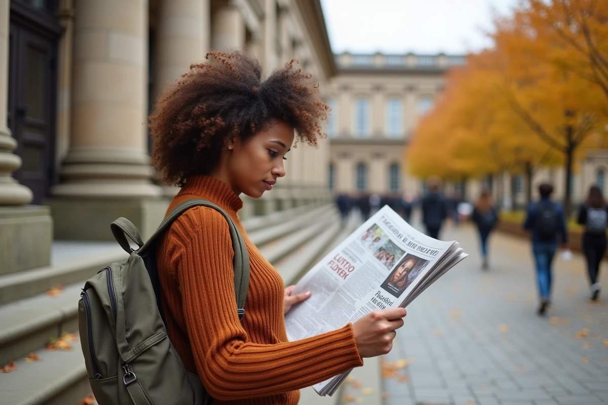Étudiante surprise par les résultats du classement des meilleures universités mondiales 2026 sur un campus historique