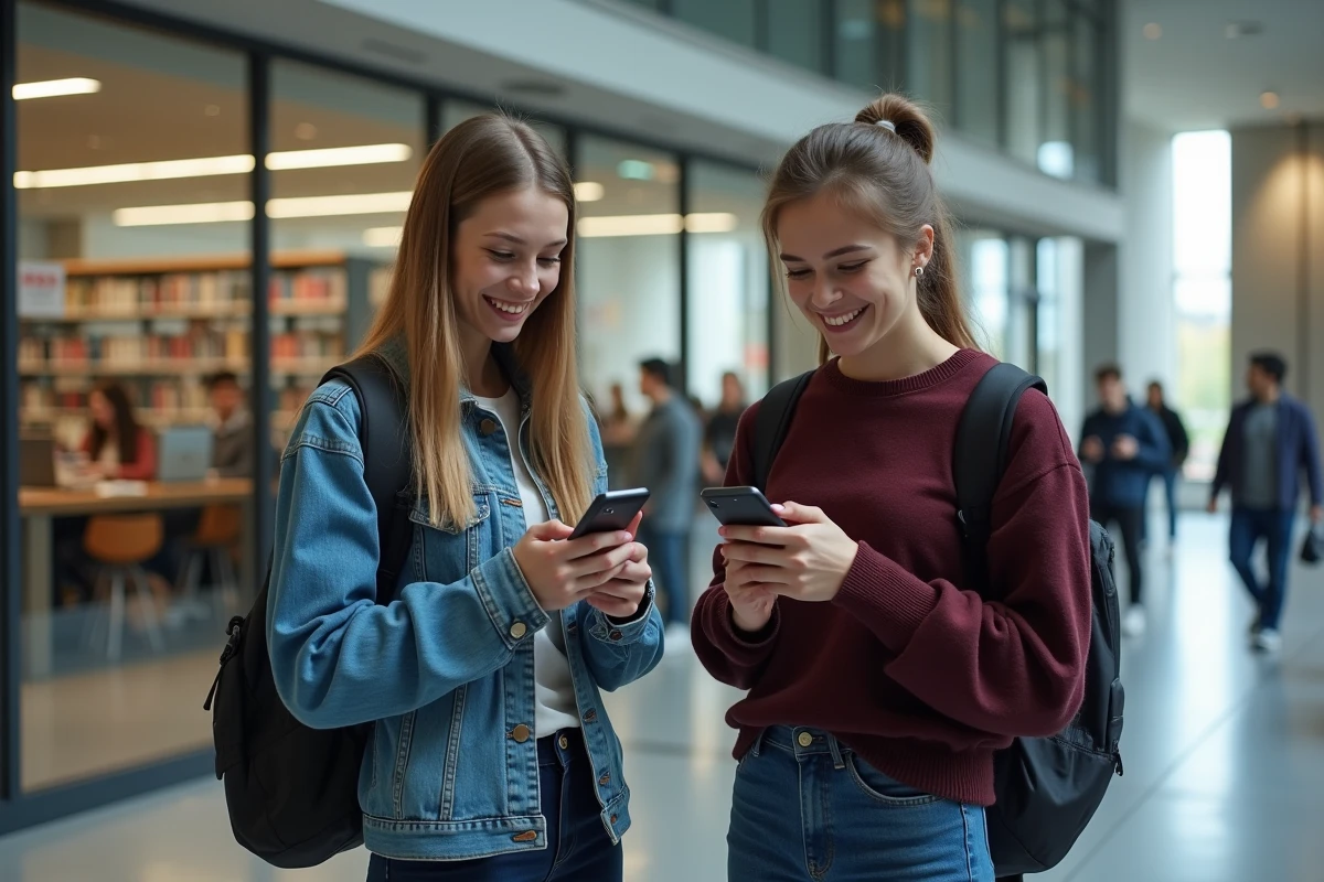 Deux étudiants consultant leurs notes et planning sur l'application mycampus dans un couloir de bibliothèque universitaire