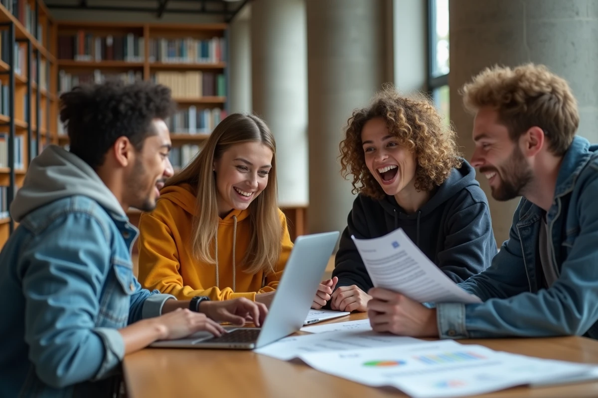 Étudiants universitaires découvrant le classement des meilleures universités du monde 2026 autour d'une table en bibliothèque