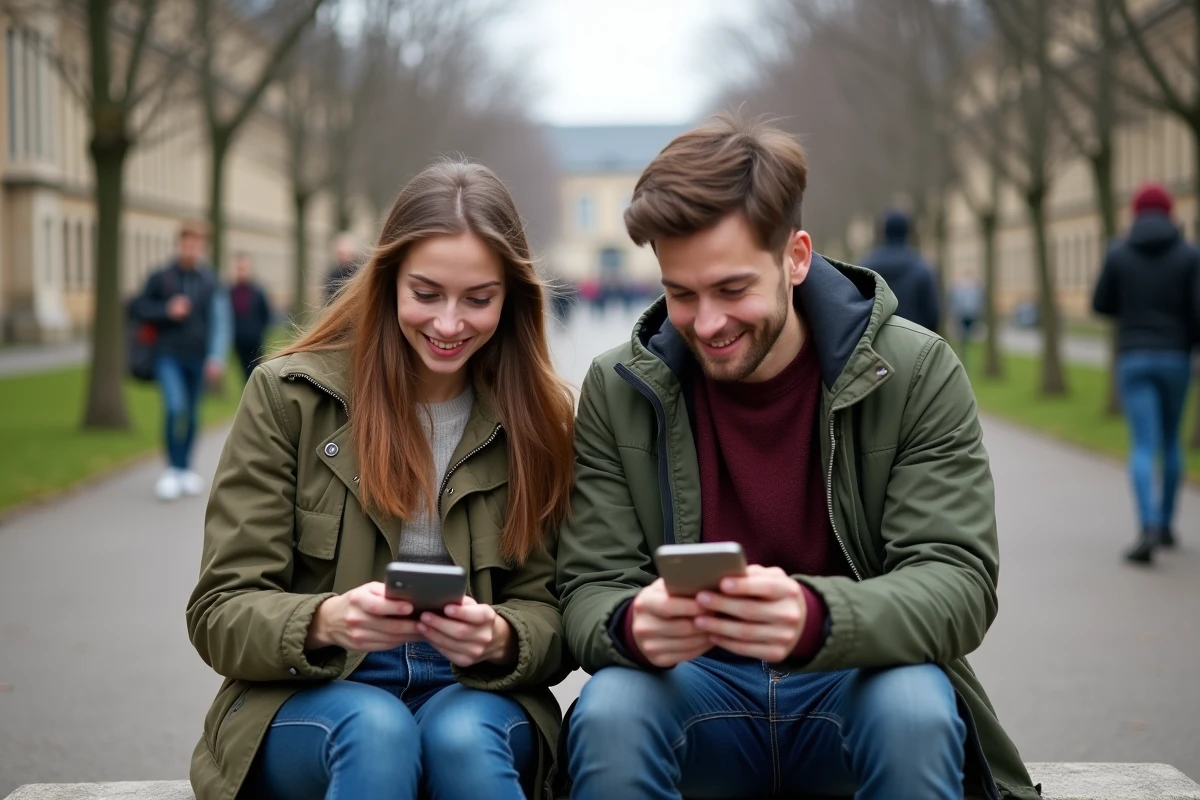 Deux étudiants consultant l'ENT de Paris Nanterre sur leur smartphone en extérieur sur le campus