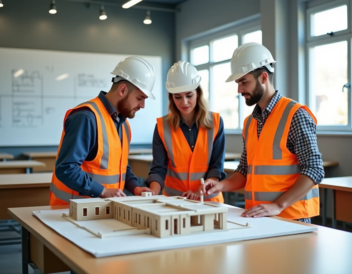 Groupe d'étudiants en formation BTP qualifiante discutant autour d'une maquette architecturale dans un centre de formation