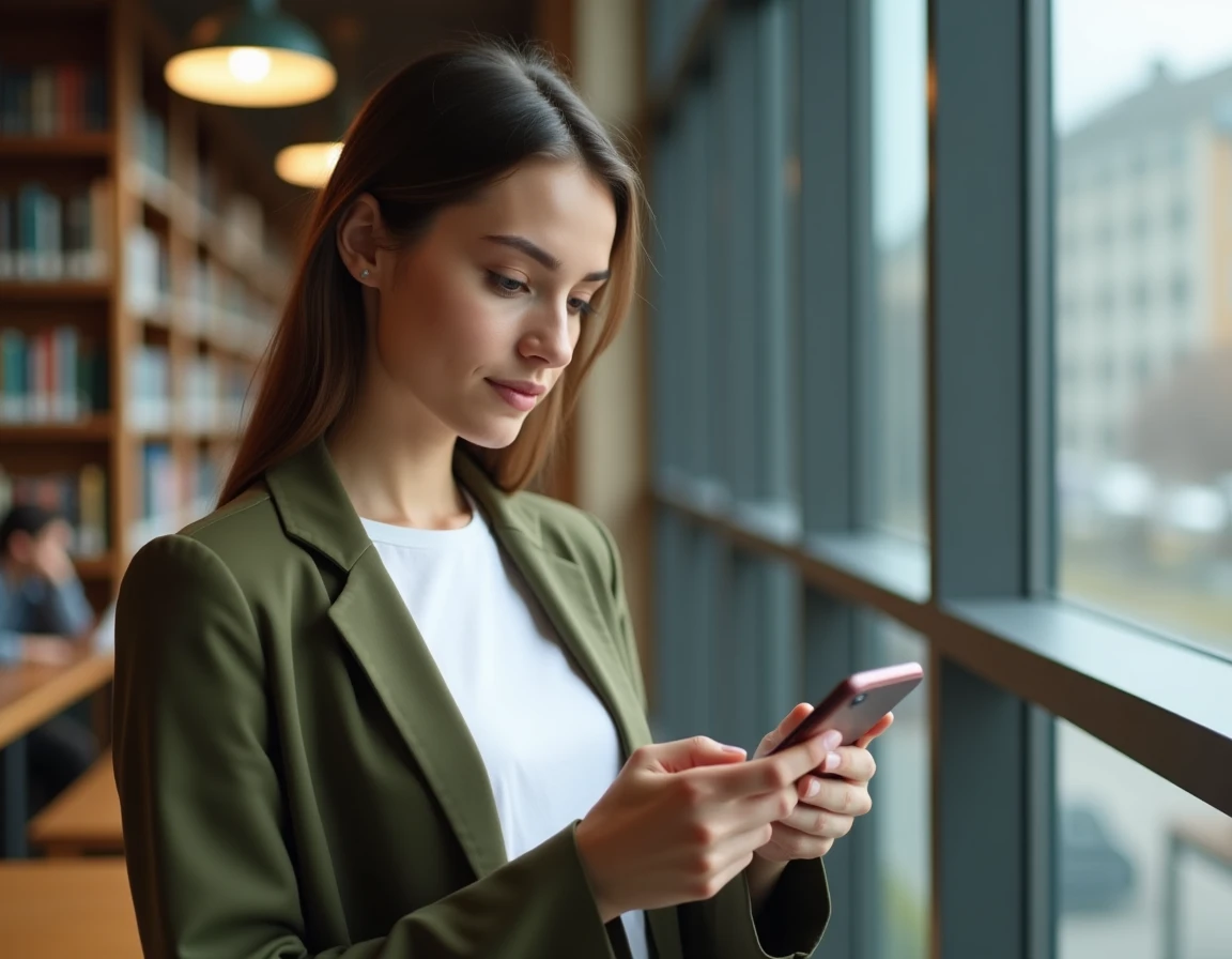 Jeune étudiante accédant à ses documents scolaires via l'extranet mobile dans une bibliothèque universitaire