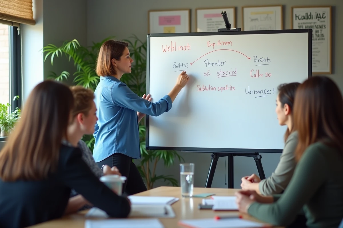 Femme en blouse bleue animant un atelier interactif