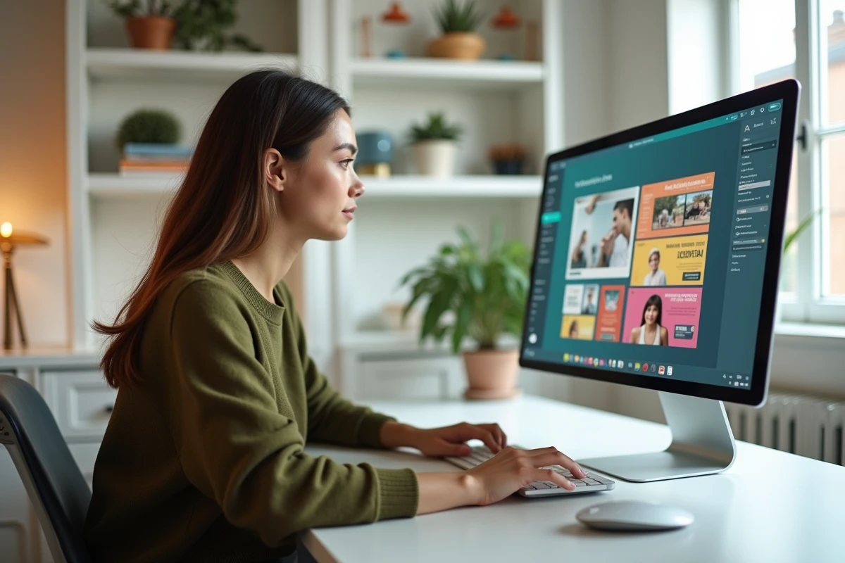 Jeune femme apprenant à utiliser Canva sur son ordinateur pour créer des carrousels graphiques dans un bureau moderne