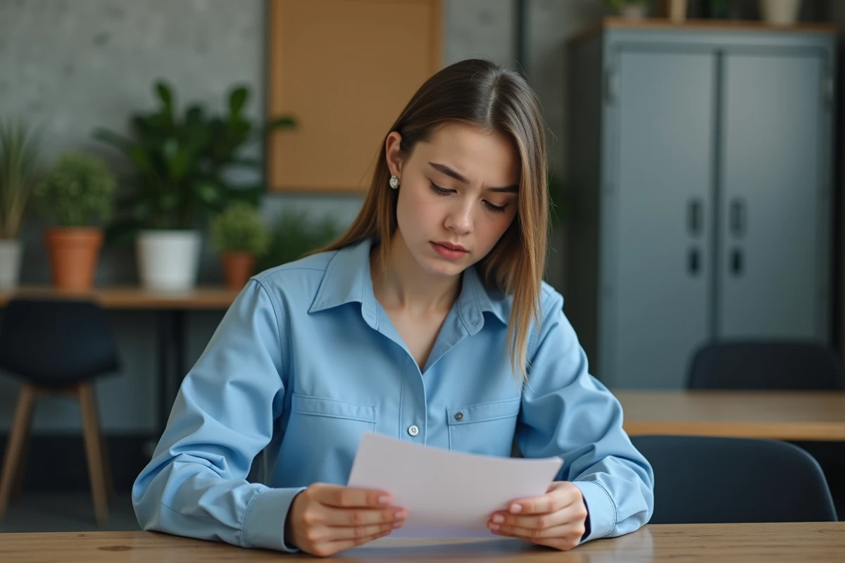Jeune femme apprentie lisant une lettre dans la salle de pause