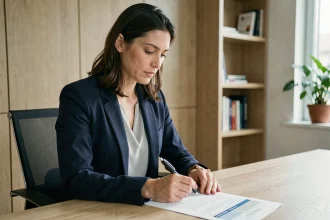 Femme professionnelle analysant un bilan de compétences dans un bureau moderne, stylo en main sur un document d'orientation