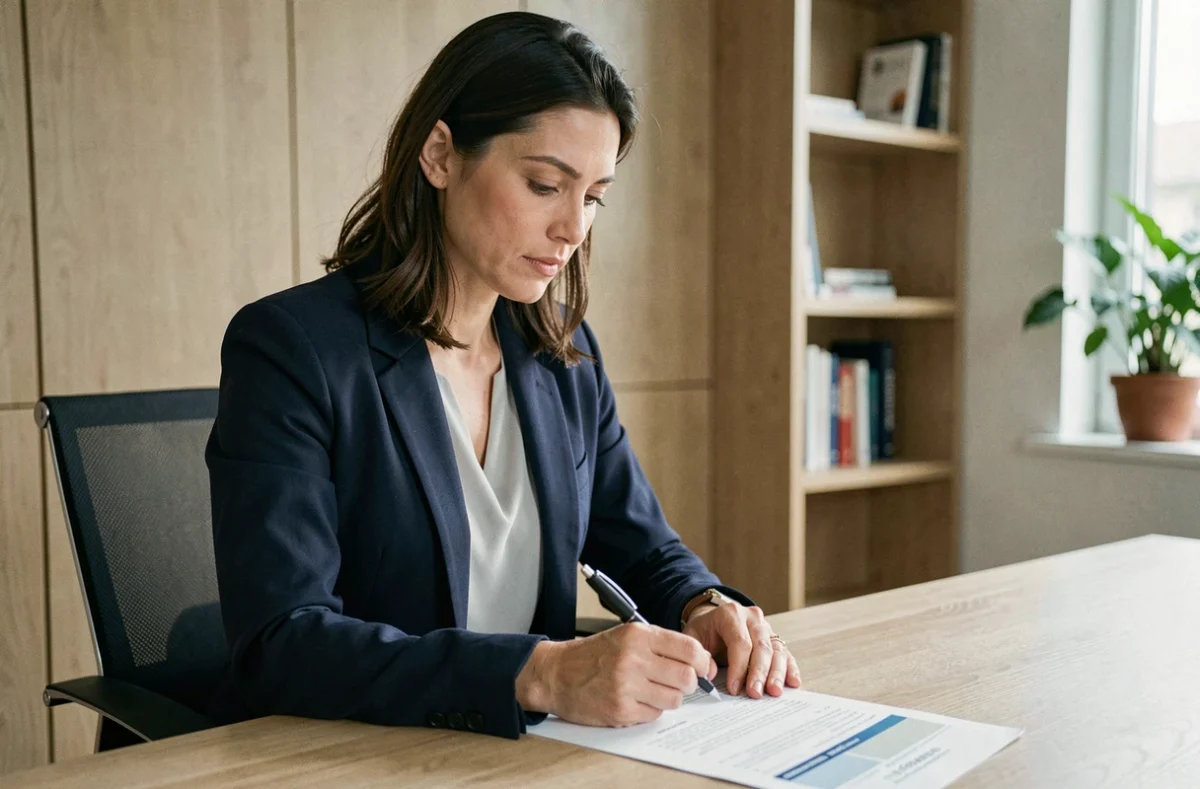 Femme professionnelle analysant un bilan de compétences dans un bureau moderne, stylo en main sur un document d'orientation