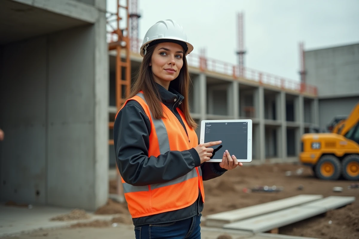 Femme professionnelle du BTP utilisant une tablette pour accéder à une formation CPF sécurisée sur chantier