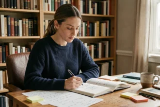Femme concentrée résolvant une inversion de matrice sur papier avec des notes mathématiques manuscrites sur un bureau en bois