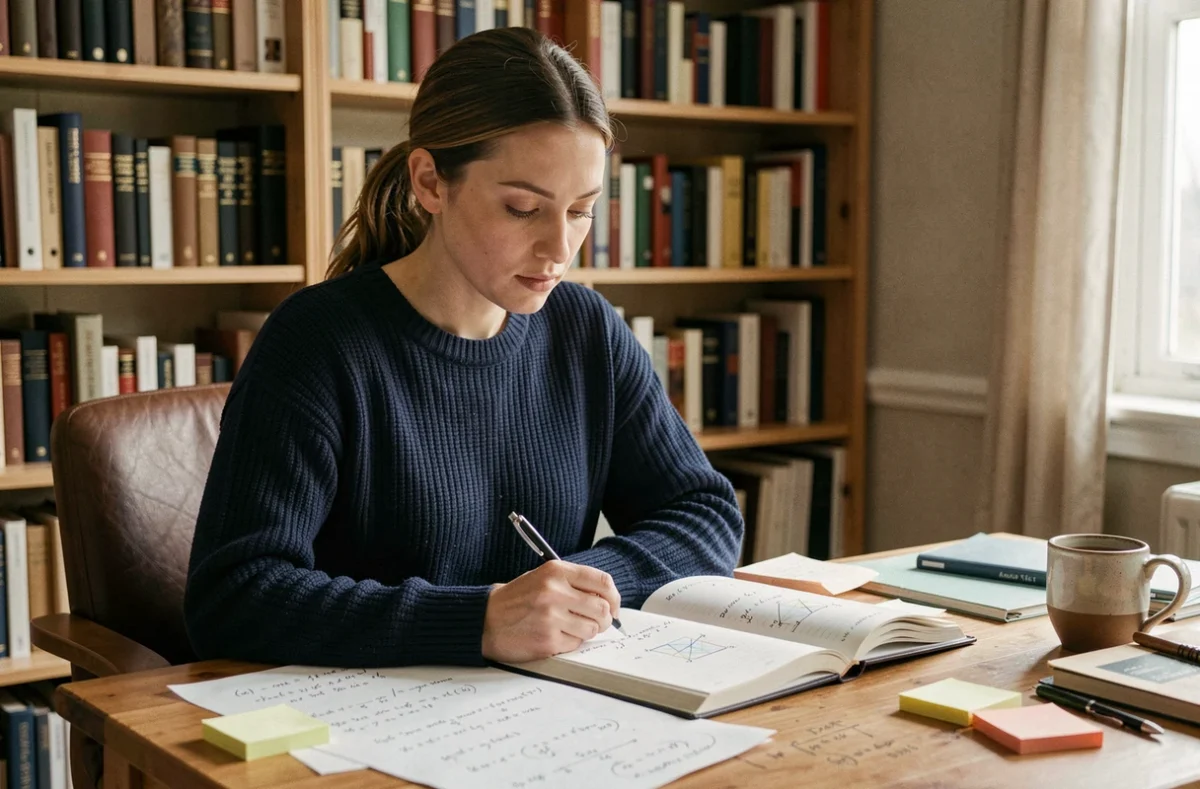 Femme concentrée résolvant une inversion de matrice sur papier avec des notes mathématiques manuscrites sur un bureau en bois