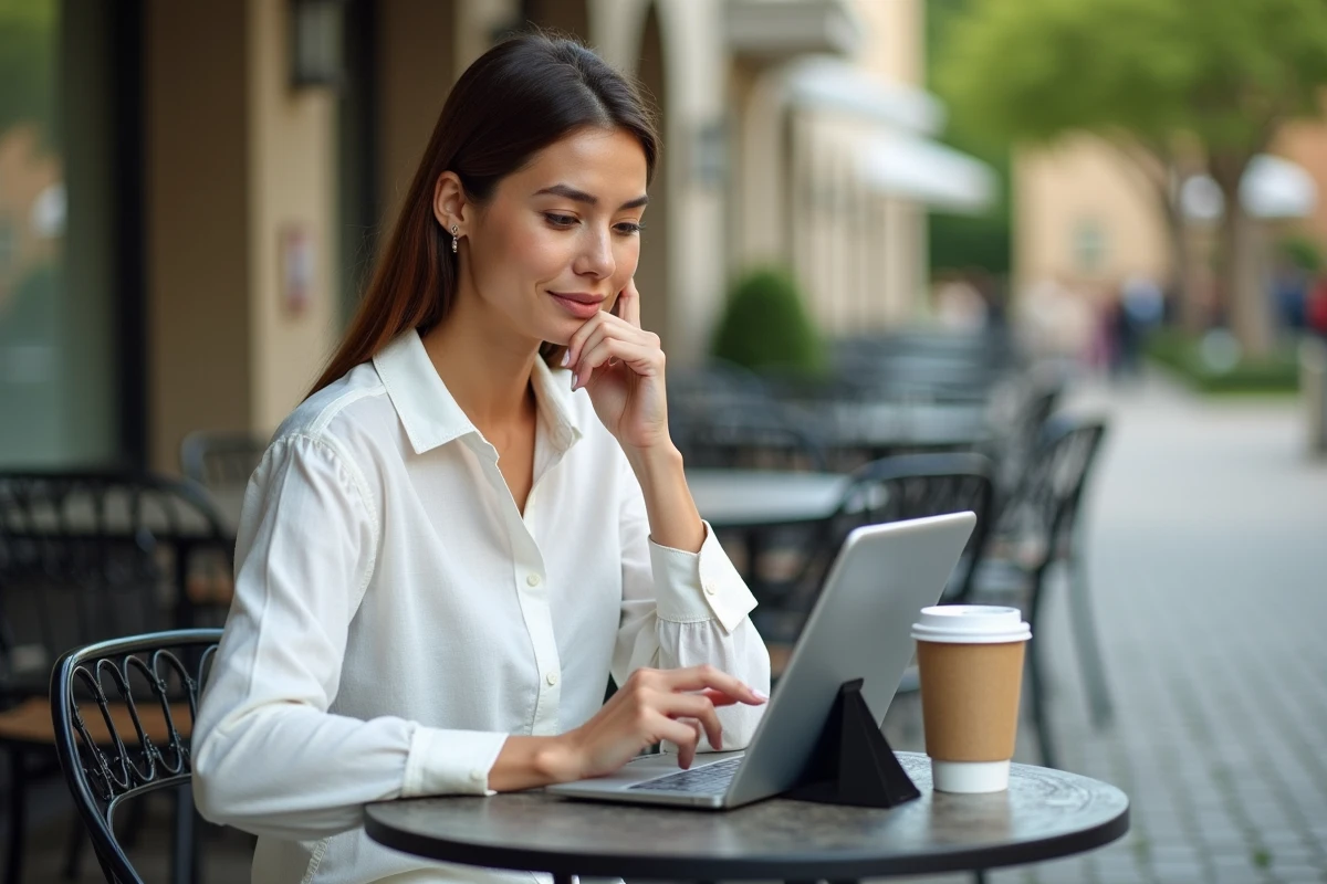 Femme utilisant un smartphone iOS pour se connecter à mycampus eduservices en terrasse de campus